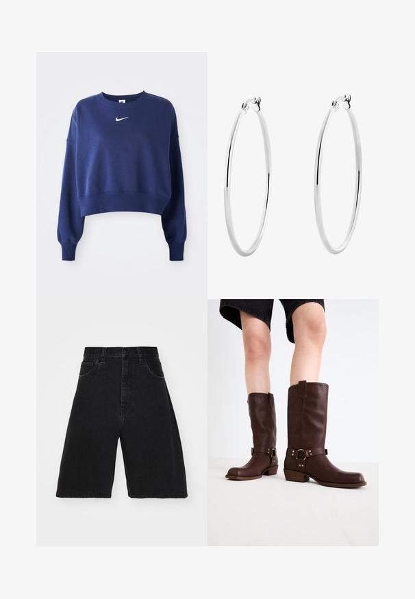 Navyblauwe cropped sweatshirt van zachte stof, met een ronde hals, lange mouwen en een wit Nike-logo op de borst.; Zwarte denim shorts met een hoge taille en een wijdbenige pasvorm, voorzien van vijf zakken en een knoopsluiting. Glad textuur met minimale vervaging.; Bruine leren kniehoge laarzen met een ronde neus, gestructureerd oppervlak, enkelriem en zilveren hardware-detail; opgestapelde hak.; Zilveren oorringen met een gladde, gepolijste oppervlakte en een dunne, ronde vorm. Het ontwerp heeft een veilige sluiting.