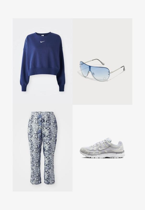 Sweatshirt légèrement court bleu marine en tissu doux, avec un col rond, des manches longues et un logo Nike blanc sur la poitrine.; Pantalons à imprimé serpent bleu et blanc avec une taille élastique, coupe ajustée et longueur mi-mollet. Le tissu semble lisse avec un éclat subtil.; Baskets de sport gris clair avec une tige en mesh et synthétique, dotées d'un système de laçage, d'un col rembourré et d'une semelle texturée pour une meilleure adhérence.; Lunettes de soleil aviateur avec des verres dégradés bleus, une monture en métal argenté et des accents décoratifs en forme d'étoile sur les verres. Design lisse et élégant.; Sac à main métallisé argenté au design structuré, avec une poignée supérieure et un détail en nœud sur le devant. Texture lisse, fini réfléchissant.
