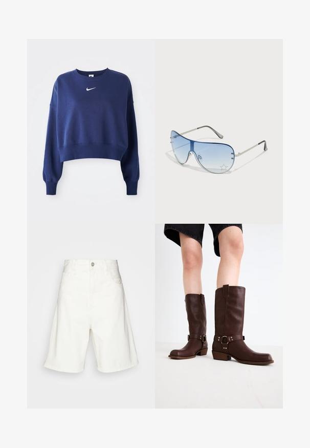 Sweatshirt légèrement court bleu marine en tissu doux, avec un col rond, des manches longues et un logo Nike blanc sur la poitrine.; Shorts en denim blanc taille haute, dotés d'une fermeture à boutons à l'avant, de deux poches latérales et d'une coupe décontractée. Texture lisse sans motifs visibles.; Bottes en cuir marron jusqu'au genou avec un bout arrondi, une surface texturée, une sangle au niveau de la cheville et des détails en métal argenté ; talon empilé.; Lunettes de soleil aviateur avec des verres dégradés bleus, une monture en métal argenté et des accents décoratifs en forme d'étoile sur les verres. Design lisse et élégant.