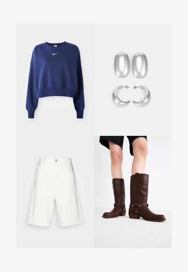 Navyblauwe cropped sweatshirt van zachte stof, met een ronde hals, lange mouwen en een wit Nike-logo op de borst.; Witte denimshorts met een hoge taille, voorzien van een knoopsluiting aan de voorkant, twee zijzakken en een relaxte pasvorm. Gladde textuur zonder zichtbare patronen.; Bruine leren kniehoge laarzen met een ronde neus, gestructureerd oppervlak, enkelriem en zilveren hardware-detail; opgestapelde hak.; Zilverkleurige oorbellen set: twee ovale studs en twee halve maantjes, met een glanzende, soepele afwerking en een afgerond ontwerp.