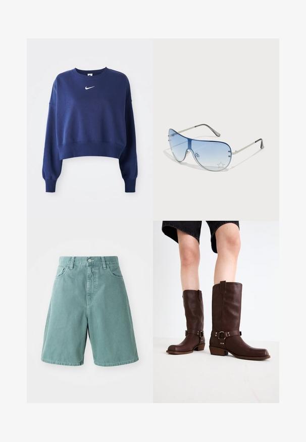 Tamsiai mėlynas trumpas džemperis, pagamintas iš minkštos medžiagos, su apvalia iškirpte, ilgomis rankovėmis ir baltu Nike logotipu ant krūtinės.; Žalios spalvos džinsiniai šortai su aukštu liemeniu, turintys penkias kišenes ir užsegimą su mygtuku, sukurti laisvo silueto ir sklandžiu paviršiumi.; Rudos odinės kelio ilgio batai su apvalia nosimi, tekstūruotu paviršiumi, užkulnio dirželiu ir sidabriniais detaliais; storas kulnas.; Aviatoriai akiniai su gradientiniais mėlynais objektyvais, sidabriniu metaliniu rėmu ir dekoratyvinėmis žvaigždžių akcentais ant objektyvų. Lygaus ir stilingo dizaino.