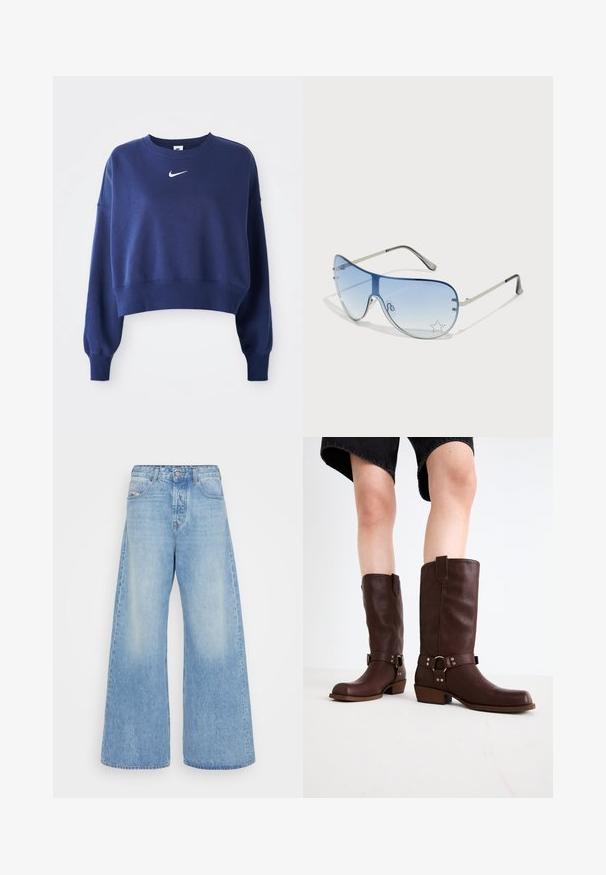 Temno modra skrajšana trenirka iz mehkega materiala, z okroglim ovratnikom, dolgimi rokavi in belim logotipom Nike na prsih.; Svjetloplavi široki traperice izrađene od denima. Imaju klasičan dizajn s pet džepova, dugme za zatvaranje i izblijeđene dijelove za vintage izgled.; Rjave usnjene čizme do kolen s zaobljenim nosom, teksturirano površino, trakovi okoli gležnja in srebrni detajli; zasnovane s steknjenim peto.; Pilotne sončne očala z gradijentnimi modrimi lečami, srebrnim kovinskim okvirjem in okrasnimi zvezdastimi detajli na lečah. Gladek in eleganten dizajn.