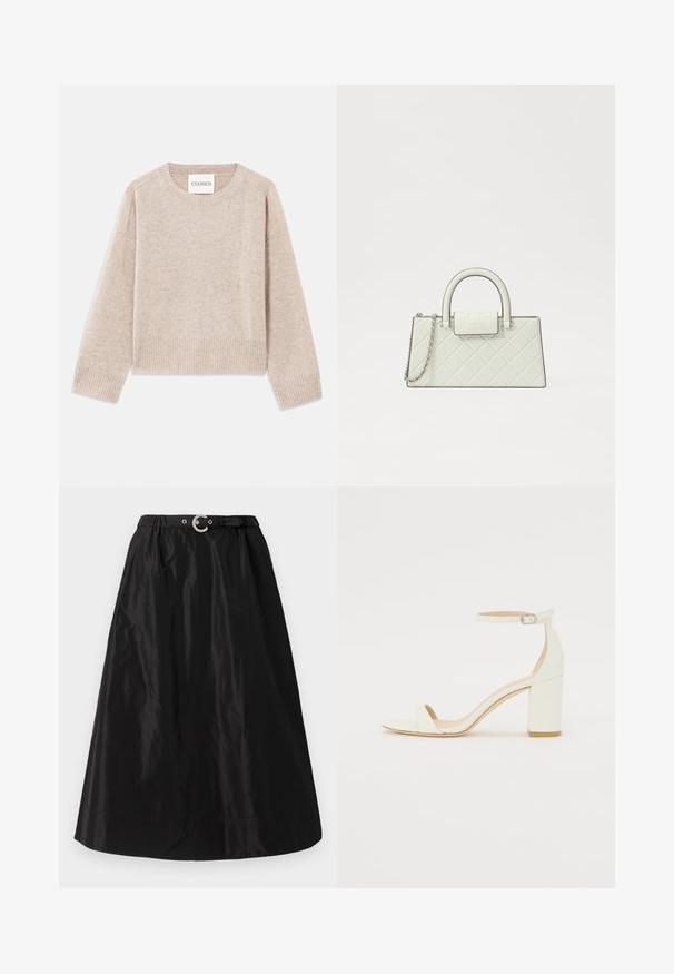 Bežinis megztinis su apvaliu kaklu ir raukšlėtomis rankovėmis. Turi laisvą siluetą ir subtilią tekstūrą, etiketėje pažymėtas "CLOSED".; Juoda sijonas, pagamintas iš blizgaus, lengvo medžiagos. Turi elastingą juosmenį su sidabriniu sagtimi ir sklandžią A formos siluetą.; Baltos odos blokinio kulno sandalai, su kulkšnies dirželiu ir sagtimi, minimalistinio dizaino. Atvira pirštų dalis ir sklandžios tekstūros visoje. ; Kvadruotas baltas rankinės su struktūrizuotu dizainu, viršutine rankena, nuimama grandinėlė ir iškilus logotipas ant užsegimo.