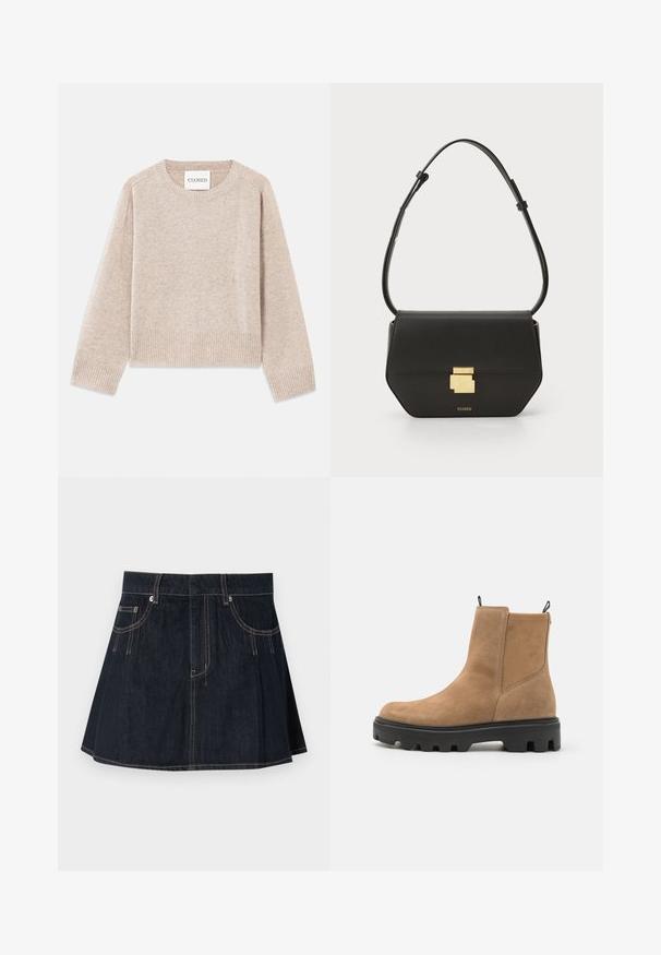 Beige kötött pulóver kerek nyakkivágással és bordázott mandzsettával. Lazább szabású, finom textúrájú, a címkén 'CLOSED' felirattal.; Sötétkék farmer szoknya, lágyan bővülő fazonban, övhurkokkal, első zsebekkel és kontrasztáló varrással az illesztéseknél.; Világosbarna velúrból készült boka csizmák fekete gumitalppal, függőleges oldalszegecsekkel és hátsó húzófülekkel a könnyű felvétel érdekében.; CLOSED CLOSED ONE  - Keresztpántos táska - black