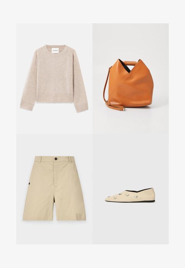 Beige kötött pulóver kerek nyakkivágással és bordázott mandzsettával. Lazább szabású, finom textúrájú, a címkén 'CLOSED' felirattal.; Beige pamut sort, amely normál szabású, gombos záródású, oldzsebes és diszkrét varrással rendelkezik. Sima felszín és térd feletti kialakítás.; CLOSED Balerina cipők - ecru; Barna bőr kézitáska egyedi háromszög alakú hajtásdizájnnal, felső fogantyúval és levehető vállpánttal, fehér háttér előtt.