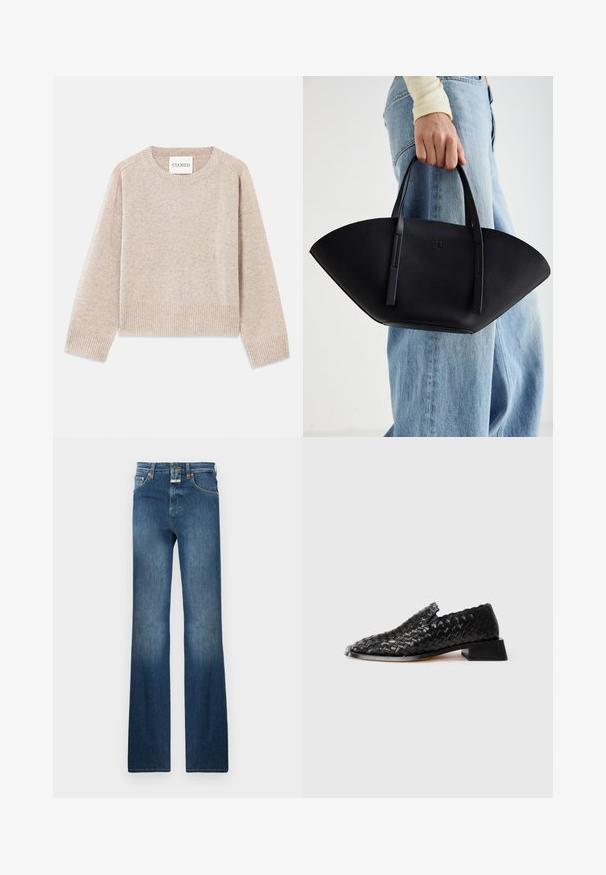 Bež pleteni pulover s okruglim izrezom i rebrastim manžetama. Ima opušteni kroj i suptilnu teksturu, s oznakom "CLOSED" na etiketi.; Tamno plave traperice s ravnim nogavicama, pet džepova i zakopčavanjem na gumb. Izblijedjeli naglasci na bedrima poboljšavaju teksturu.; Crne kožne pletene cipele za nošenje bez vezanja s niskim blok potplatom i detaljem s valovima, prikazane na bijeloj pozadini.; Crna kožna torba jedinstvenog oblika ventilatora, s ravnim ručkama. Površina ima teksturu sličnu šljunku i minimalistički dizajn.