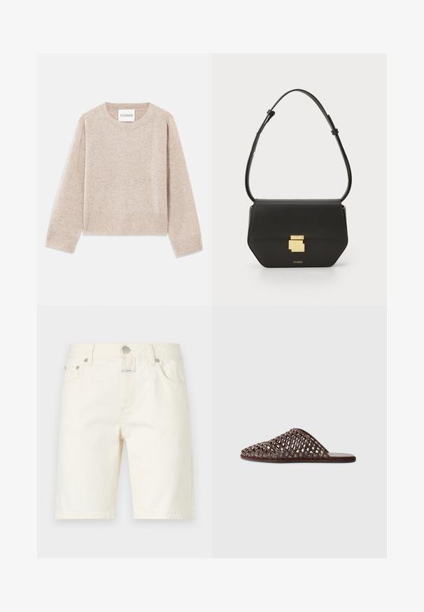 Pull en maille beige avec un col rond et des poignets côtelés. Présente une coupe décontractée et une texture subtile, étiqueté "CLOSED" sur l'étiquette.; CLOSED JINNIE - Short - white; Sandale glissière tissée marron avec une pointe arrondie, un design ouvert, une semelle plate et une surface texturée. Matériau léger et silhouette minimaliste.; CLOSED CLOSED ONE - Sac bandoulière - black