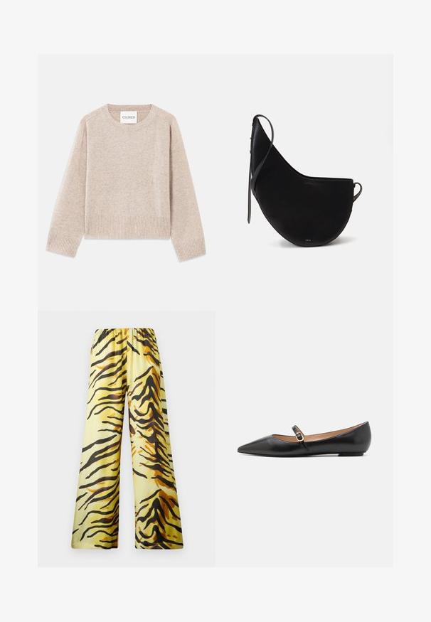 Μπεζ πλεκτή ζακέτα με στρογγυλή λαιμόκοψη και ριμπ μανσέτες. Διαθέτει χαλαρή γραμμή και διακριτική υφή, φερόμενη ως "CLOSED" στην ετικέτα.; Nanushka BRENDA - Παντελόνι - yellow; Μαύρα δερμάτινα μπαλαρίνας με μυτερή μύτη και πλαϊνό λουράκι που διαθέτει κυκλική χρυσή λεπτομέρεια. Ελαφριά με επίπεδη σόλα.; Μαύρη δερμάτινη τσάντα χειρός σε σχήμα καμπύλου φεγγαριού, με λεπτό λουράκι και διακριτική χρυσή επωνυμία στο μπροστινό μέρος. Λεπτή υφή με ελάχιστη μεταλλική αξεσουάρ.