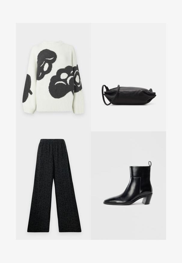 Knit sweater in cream with large black abstract patterns. Features a ribbed crew neck and wide sleeves for a relaxed fit.; Black wide-leg pants with an elastic waistband, featuring a subtle floral pattern outlined in a darker shade. Smooth fabric texture.; Black leather ankle boot with a pointed toe, a geometric stacked heel, and a pull tab at the back. Smooth texture and sleek design.; Black leather clutch bag with a rectangular shape, smooth texture, thin shoulder strap, and minimalistic design.