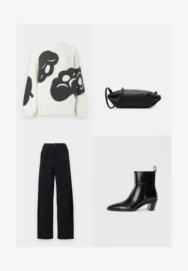 Pleteni pulover v krem barvi z velikimi črnimi abstraktnimi vzorci. Ima rebrast okrogel izrez in široke rokave za sproščen videz.; Črne široke žamete hlače z visokim pasom, ki imajo dve sprednji žep in subtilno vertikalno rebrasto teksturo.; Črne usnjene gležnjarje s koničastim prstom, geometrijsko oblikovanim zloženim peto in zanko na hrbtni strani. Gladka tekstura in eleganten dizajn.; Črna usnjena torbica v obliki pravokotnika, gladke teksture, s tankim naramnicom in minimalističnim dizajnom.