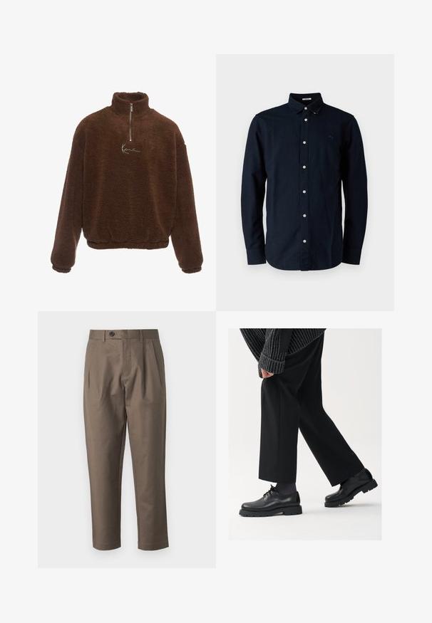 Brown fleece pullover with a high collar, half-zip front, and long sleeves. Features a white logo on the chest. Soft, textured fabric.; Navy blue button-up shirt made of cotton, featuring a classic collar, long sleeves, and a small embroidered logo on the chest.; Brown, tailored trousers with a flat front, two side pockets, and a button closure. Smooth, lightweight fabric with a straight leg design.; Black leather shoes with a rounded toe, lace-up design, and thick, textured sole. Worn with tailored black trousers and a ribbed sweater.