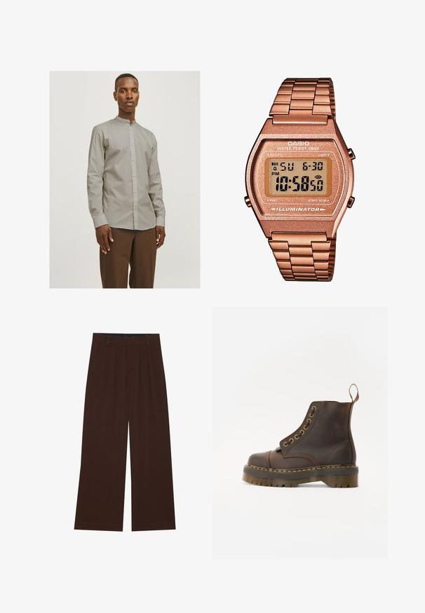 Rudas pliušinis megztinis su aukštu apykakle, pusiau užtraukiama priekyje, ir ilgomis rankovėmis. Krūtinėje yra baltas logotipas. Minkšta, tekstūruota medžiaga.; Jack & Jones JJJOE SHIRT PLAIN MAO - Marškiniai - pure cashmere; Rudi plačiai praplečiami kelnių su klostėmis. Pagaminti iš lygaus audinio, su pritaikytu liemeniu ir šoninėmis kišenėmis. Lygus apačios kraštas.; Rudos odinės kulkšninių batus su apvalia nosimi, kontrastinga geltona siūle, dekoratyviniais metaliniais akių skyreliais ir grioveliuota guma pagrindu.; Skaitmeninis Casio laikrodis su rožinės aukso metaline juosta, stačiakampiu korpusu, apšviečiamu ekranu ir atsparumu vandeniui, rodomas laikas ir data.