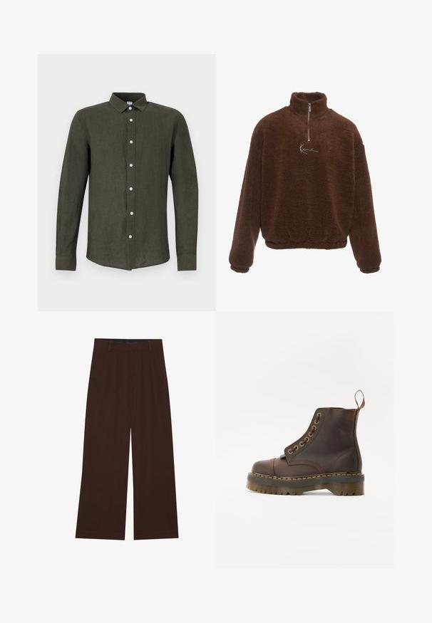 Pulover din fleece maro cu guler înalt, fermoar pe jumătate în față și maneci lungi. Prezintă un logo alb pe piept. Material moale, texturat.; Cămașă lungă cu mâneci lungi de culoare verde închis, din in. Prezintă un sistem de închidere cu nasturi la față, cu nasturi de culoare deschisă și un guler pentru un aspect structurat.; Pantaloni maro, cu picioare largi, cu pliuri. Realizați dintr-un material neted, având o talie cusută și buzunare laterale. Tiv plat la baza.; Bocanci din piele maro, cu vârful rotund, cusături galbene contrastante, ochiuri din metal decorative și o talpă din cauciuc cu caneluri.