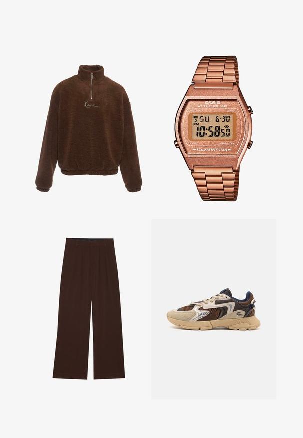 Smešani smeđi flis pulover s visokim ovratnikom, prednjim zatvaračem do pola i dugim rukavima. Na grudima se nalazi bijeli logo. Mekana, teksturirana tkanina.; Set od pet majica u crnoj, svijetlozelenoj, bež, svijetloljubičastoj i bijeloj boji. Svaka majica ima okrugli izrez i kratke rukave, izrađena je od pamuka.; Smeđe široke hlače s nabranim detaljima. Izrađene od glatkog materijala, s krojenim pojasom i bočnim džepovima. Ravni rub na dnu.; Bež i smeđi tenisice s teksturiranim mrežastim panelima, velur akcentima i gumenim potplatom. Imaju čipkastu konstrukciju i oznake branda.; Digitalni Casio sat s metalnom narukvicom u ružičastom zlatu, pravokutnim kućištem, osvijetljenim zaslonom i vodootpornošću, prikazuje vrijeme i datum.