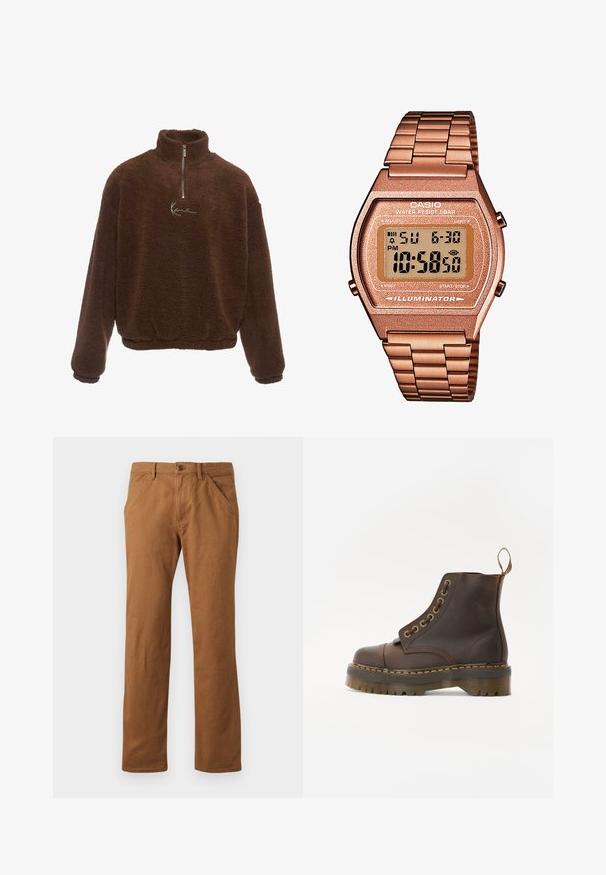 Brun fleecetröja med hög krage, halvdragkedja framtill och långa ärmar. Har en vit logotyp på bröstet. Mjukt, texturerat tyg.; Set med fem T-shirts i svart, ljusgrön, beige, ljuslila och vit. Varje T-shirt har rundhals och korta ärmar, tillverkad av bomull.; Bruna bomullsbukser med rak skärning, utrustade med knappstängning, sidofickor och en mjuk yta. Passar bra för avslappnad användning.; Brun läderankelboot med rund tå, kontrasterande gul söm, dekorativa metallhål och en räfflad gummisula.; Digital Casio-klocka med armband i roséguld, rektangulärt hölje, belyst display och vattentålighet, som visar tid och datum.