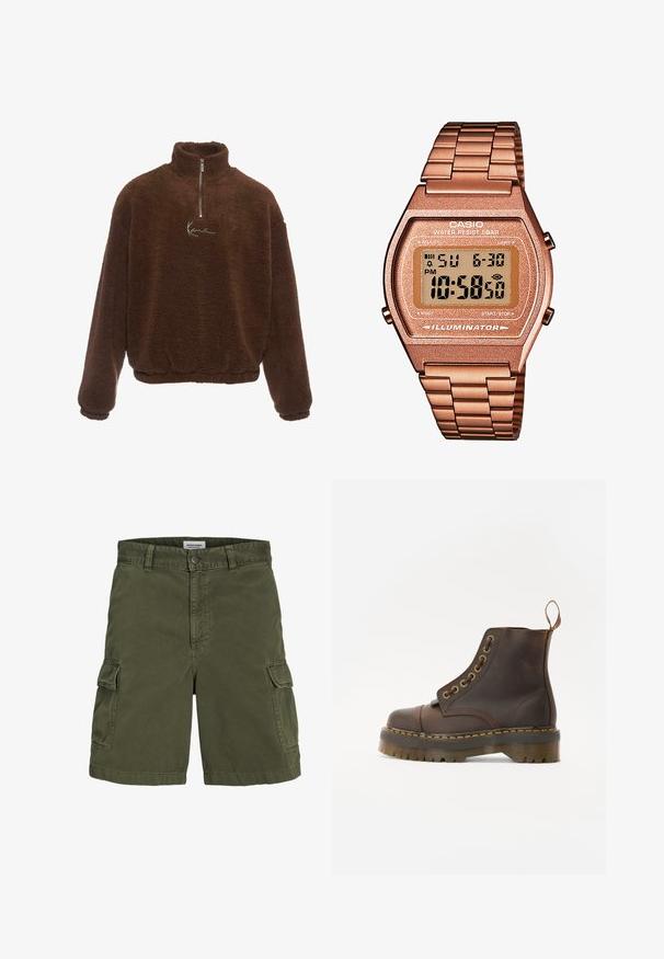 Brauner Fleece-Pullover mit hohem Kragen, halbem Reißverschluss vorne und langen Ärmeln. Mit einem weißen Logo auf der Brust. Weicher, strukturiertes Gewebe.; Set aus fünf T-Shirts in Schwarz, Blassgrün, Beige, Helllila und Weiß. Jedes hat einen runden Halsausschnitt und kurze Ärmel und besteht aus Baumwolle.; Olivengrüne Cargo-Shorts aus Baumwolle, mit einem Reißverschluss, Gürtelschlaufen, seitlichen Taschen und einem geraden Schnitt.; Braune Leder-Ankleboots mit runder Spitze, kontrastierenden gelben Nähten, dekorativen Metallösen und rutschfester Gummisohle.; Digitaluhr von Casio mit einem roségoldenen Metallarmband, rechteckigem Gehäuse, beleuchtetem Display und Wasserfestigkeit, zeigt Uhrzeit und Datum an.