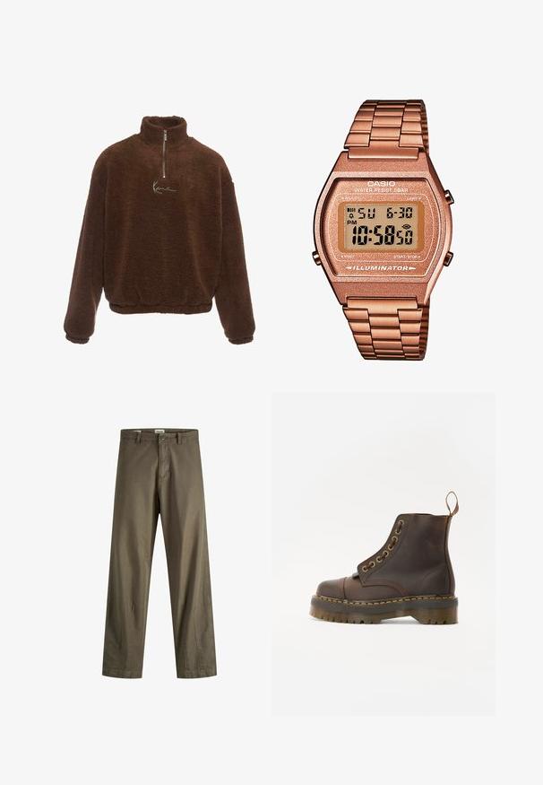 Pull en polaire marron avec col montant, fermeture éclair partielle à l'avant et manches longues. Présente un logo blanc sur la poitrine. Tissu doux et texturé.; Ensemble de cinq T-shirts en noir, vert pâle, beige, violet clair et blanc. Chacun a une encolure ronde et des manches courtes, fabriqué en coton.; Pantalon en coton vert olive avec jambes droites, doté d'une fermeture éclair, d'un bouton et de poches latérales. Texture lisse et détails minimalistes.; Bottine en cuir marron avec un bout rond, des coutures jaunes contrastantes, des œillets en métal décoratifs et une semelle en caoutchouc rainurée.; Montre digitale Casio avec un bracelet en métal rose doré, un boîtier rectangulaire, un écran éclairé et une résistance à l'eau, affichant l'heure et la date.
