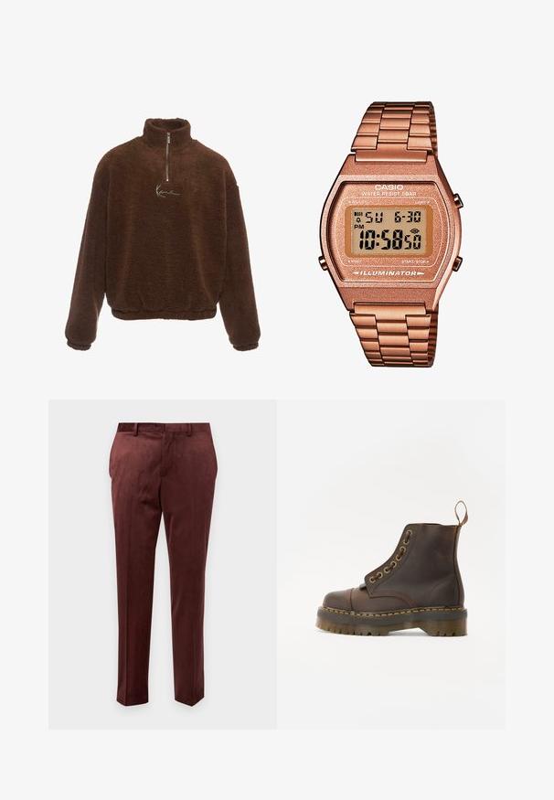 Brūns vilnas džemperis ar augstu apkakli, ar pusceļa rāvējslēdzēju un garām piedurknēm. Uz krūšu ir balts logos. Mīksta, teksturēta audums.; Piecu T-kreklu komplekts melnā, bālganzaļā, bēšā, gaiši purpursarkanā un baltā krāsā. Katram ir apaļa dekoltē un īsas piedurknes, izgatavoti no kokvilnas.; Burgundijas bikses gludā audumā ar pielāgotu piegriezumu, ar gludu priekšpusi, sānu kabatām un smalku spīdumu.; Brūni ādas potītes zābaki ar noapaļotu purngalu, kontrastējošām dzeltenām šuvēm, dekoratīvām metāla acīm un rievotu gumijas zoli.; Digitālais Casio pulkstenis ar rozā zelta metāla siksniņu, taisnstūra korpusu, apgaismotu displeju un ūdensizturību, kas attēlo laiku un datumu.
