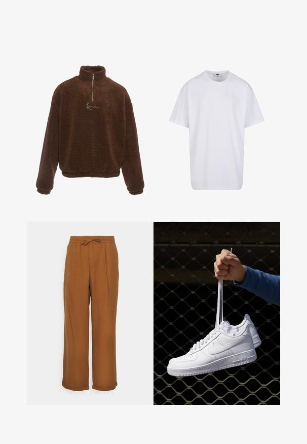 Brun fleece pullover med høj krave, halv lynlås foran og lange ærmer. Har et hvidt logo på brystet. Blødt, tekstureret stof.; Hvid bomulds t-shirt med korte ærmer, rund halsudskæring, afslappet pasform, og ingen synlige logoer eller mønstre. Glat tekstur og minimalistisk design.; Brune linnedbukser med en løs pasform, elastisk talje, snøre og to frontfoldninger for ekstra tekstur. Omslåede opkanter ved kanten.; Hvide lædersneakers med perforeringer, rund tå, flad sål og tykke snørebånd, med et synligt swoosh-logo og "AIR" på hælen.