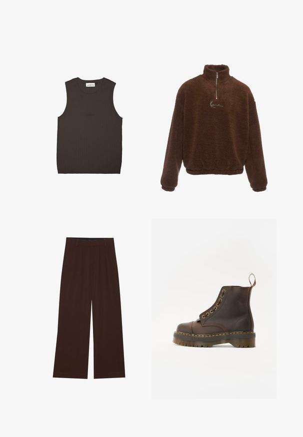 Bordó gyapjú pulóver magas gallérral, fél cipzárral elöl és hosszú ujjakkal. A mellrészen fehér logó található. Puha, texturált anyag.; Sötétbarna ujjatlan felső bordás anyagból, körkivágással és finom márkamegjelenítéssel, amely az elején, azonos színben található.; Barna, széles lábú nadrág, plisszézett részleggel. Simább anyagból készült, szabott derékkal és oldalsó zsebekkel rendelkezik. Lapos szegéllyel az alsó részen.; Barna bőr bokacsizma, kerek orrral, kontrasztáló sárga varrással, dekoratív fém szemölcsökkel és bordázott gumitalppal.