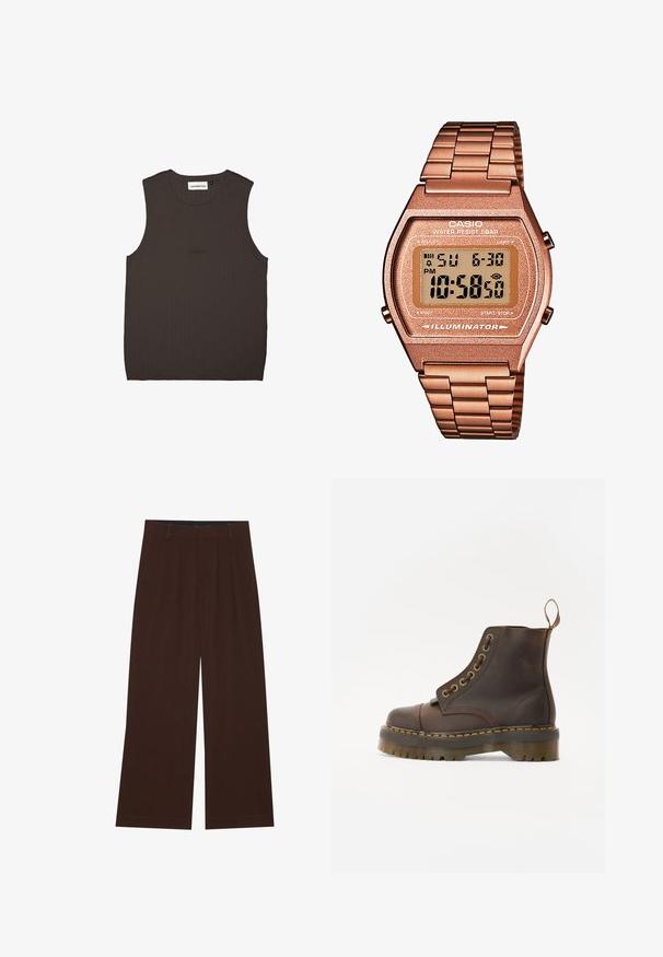 Pruun fliispusa kõrge kraega, pool tõmblukk ees ja pikad varrukad. Rinnal on valge logo. Pehme, tekstuuriga kangas.; Tumepruun ilma varrukateta topp ribatud kangast, millel on ümmargune kaelus ja ees peene brändi tikand sama värviga.; Pruunid laiad püksid voldikutega. Valmistatud siledast kangast, millel on kohandatud vöökoht ja küljetaskud. Tasane äär all.; Pruun nahast pahkluu saapad ümmarguse varbaga, kontrastsete kollaste õmblustega, dekoratiivsete metallist silmadega ja soonilise kummitaldiga.; Digi Casio kell, roosakullast metallist rihmaga, ristkülikukujuline korpus, valgustatud kuva ja veekindel, näitab kellaaega ja kuupäeva.