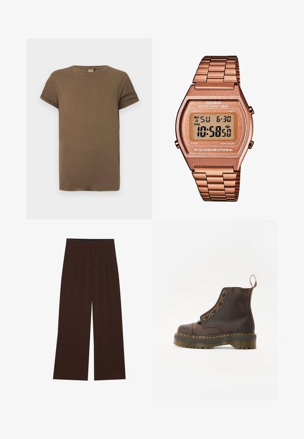 Bruine fleece pullover met een hoge kraag, een halve ritssluiting aan de voorkant en lange mouwen. Bevat een wit logo op de borst. Zachte, gestructureerde stof.; Bruine katoenen T-shirt met korte mouwen en een ronde halslijn, met opgerolde manchetten, gepresenteerd tegen een plain witte achtergrond.; Bruine wijde broek met plooien. Gemaakt van een gladde stof, met een op maat gemaakt tailleband en zijzakken. Rechte zoom aan de onderkant.; Bruine leren enkellaars met een ronde neus, contrasterende gele stiksels, decoratieve metalen oogjes en een gegroefd rubberen zool.; Digitale Casio horloge met een roségouden metalen band, rechthoekige kast, verlicht display en waterdicht, toont tijd en datum.