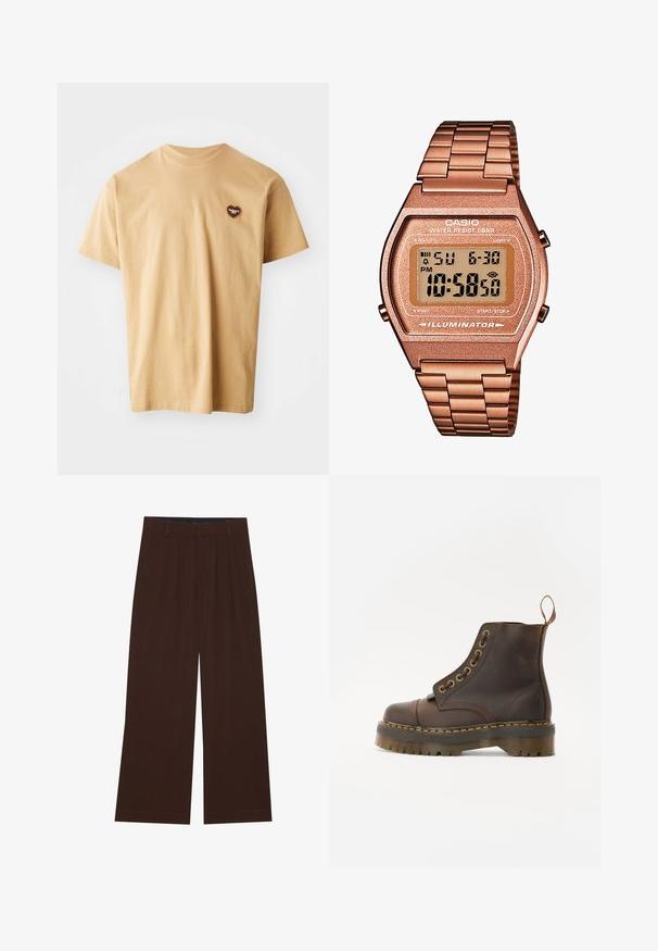 Brązowy polarowy pulower z wysokim kołnierzem, przednim suwakiem do połowy oraz długimi rękawami. Posiada białe logo na piersi. Miękka, teksturowana tkanina.; Beżowa bawełniana koszulka z krótkim rękawem, okrągłym dekoltem i małym brązowym logo serca na lewej piersi. Gładka faktura, swobodny design.; Brązowe spodnie szerokie z plisami. Wykonane z gładkiego materiału, z dopasowanym pasem i kieszeniami bocznymi. Prosty zakład na dole.; Brązowy skórzany botek do kostki z okrągłym noskiem, kontrastującym żółtym przeszyciem, dekoracyjnymi metalowymi oczkami i żłobioną gumową podeszwą.; Cyfrowy zegarek Casio z różowo-złotą metalową bransoletą, prostokątną kopertą, podświetlanym wyświetlaczem i wodoodpornością, pokazujący czas i datę.
