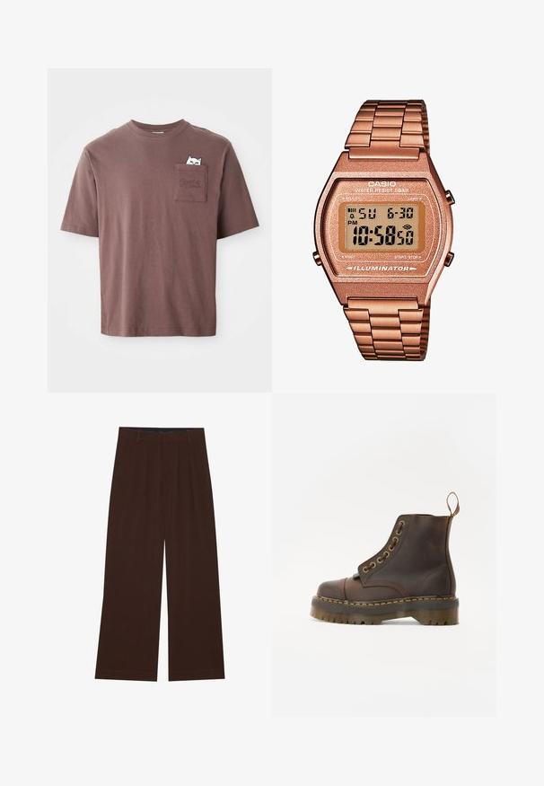 Hnědý fleecový pulovr s vysokým límcem, s polo zipem vpředu a dlouhými rukávy. Má bílé logo na hrudi. Měkká, strukturovaná tkanina.; Hnědý bavlněný tričko s krátkým rukávem. Obsahuje náprsní kapsu s grafikou kočky, která vykukuje ven, a slovo "PUMA" vytlačené na kapse.; Hnědé kalhoty s širokým střihem a skladbami. Vyrobeny z hladké tkaniny, s upraveným pasem a postranními kapsami. Rovný lem na spodní straně.; Hnědá kožená kotníková bota s kulatou špičkou, kontrastním žlutým švem, dekorativními kovovými očky a drážkovanou gumovou podrážkou.; Digitální hodinky Casio s kovovým řemínkem v růžovém zlatě, obdélníkovým pouzdrem, podsvíceným displejem a vodotěsností, zobrazující čas a datum.