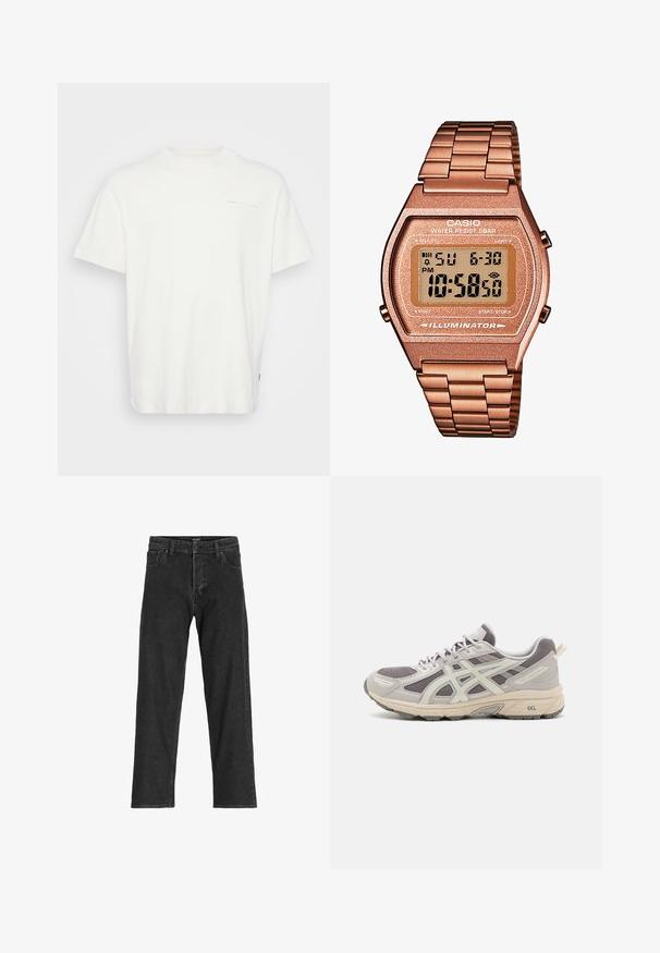 Smešani smeđi flis pulover s visokim ovratnikom, prednjim zatvaračem do pola i dugim rukavima. Na grudima se nalazi bijeli logo. Mekana, teksturirana tkanina.; Bijela pamučna majica s okruglim izrezom, kratkim rukavima i malim printanim logotipom sprijeda. Ima opušteni kroj i glatku teksturu.; Crne traperice s ravnim krojem, s patentnim zatvaračem, petljama za pojas i šest džepova, izrađene od čvrste mješavine pamuka.; Sive i bijele sportske tenisice s mrežastim gornjim dijelom, obloženim potplatom, teksturiranim naglascima i istaknutim GEL logotipom na peti.; Digitalni Casio sat s metalnom narukvicom u ružičastom zlatu, pravokutnim kućištem, osvijetljenim zaslonom i vodootpornošću, prikazuje vrijeme i datum.