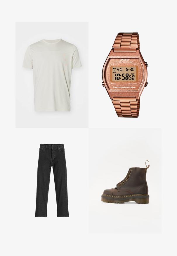 Bordó gyapjú pulóver magas gallérral, fél cipzárral elöl és hosszú ujjakkal. A mellrészen fehér logó található. Puha, texturált anyag.; Világos bézs színű, rövid ujjú póló texturált felső résszel és narancsszínű "PUMA" logóval a bal oldalon. Normál fazon, kerek nyakkivágással.; Fekete farmernadrág egyenes szárú dizájnnal, cipzáras záródással, övhurkokkal és hat zsebbel, tartós pamut keverékből készült.; Barna bőr bokacsizma, kerek orrral, kontrasztáló sárga varrással, dekoratív fém szemölcsökkel és bordázott gumitalppal.; Digitális Casio óra rózsaarany fém szíjjal, téglalap alakú házzal, megvilágított kijelzővel és vízállósággal, mutatja az időt és a dátumot.