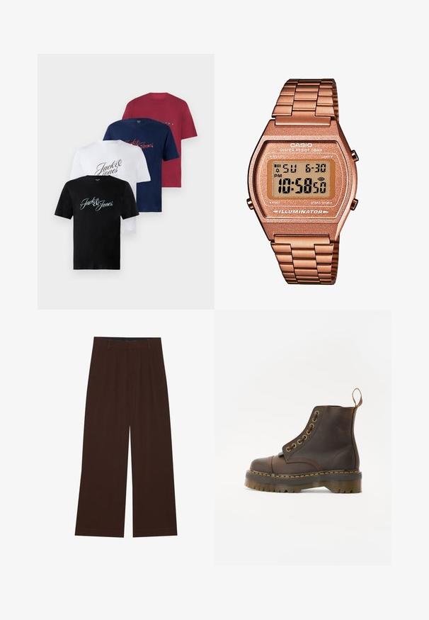 Ruskea fleece-pulloviita, jossa on korkea kaulus, puolivälin vetoketju ja pitkät hihat. Rinnassa on valkoinen logo. Pehmeä, tekstuuriainen kangas.; Neljä lyhythihaista puuvillapaitaa mustana, valkoisena, tummansinisenä ja burgundina. Jokaisessa on edessä "Jack & Jones" painettuna eri kirjoitusmuodoilla.; Ruske leve široke hlače z gubami. Narejene so iz gladkega blaga, z oblikovanim pasom in stranskimi žepi. Ravna obleka na dnu.; Ruske nahkasaapad ankliaukolla, pyöreällä kärjellä, kontrastivärisin keltaisin tikkausin, koristeellisin metallisilmukoita ja uritetulla kumipohjalla.; Digitaalinen Casio-kello, jossa on ruusukultainen metalliranneke, suorakaiteen muotoinen kuori, valaistu näyttö ja vedenkestävyys, näyttää ajan ja päivämäärän.