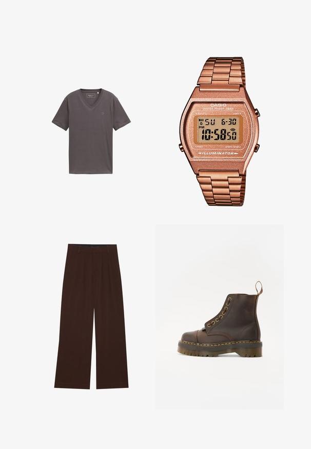 Brun fleece pullover med høj krave, halv lynlås foran og lange ærmer. Har et hvidt logo på brystet. Blødt, tekstureret stof.; Grå v-hals t-shirt lavet af blødt stof, korte ærmer og et diskret logo på venstre side. Glat tekstur med en afslappet pasform.; Brune bredbenede bukser med plisseringer. Lavet af et glat stof, der har en skræddersyet talje og sidelommer. Flad kant nederst.; Brun læder ankelstøvle med rund tå, kontrasterende gul syning, dekorative metaløjer og en ribbet gummisål.; Digital Casio ur med et roseguld metalarmbånd, rektangulær kasse, oplyst skærm og vandtæthed, som viser tid og dato.