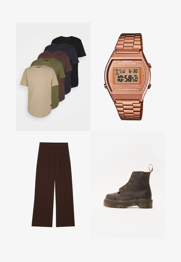 Ruskea fleece-pulloviita, jossa on korkea kaulus, puolivälin vetoketju ja pitkät hihat. Rinnassa on valkoinen logo. Pehmeä, tekstuuriainen kangas.; Viisi t-paitaa järjestettynä gradienttiväreissä: beige, oliivi, ruskea, tummansininen ja musta. Valmistettu pehmeästä puuvillasta, lyhyillä hihoilla ja pyöreällä kauluksella.; Ruske leve široke hlače z gubami. Narejene so iz gladkega blaga, z oblikovanim pasom in stranskimi žepi. Ravna obleka na dnu.; Ruske nahkasaapad ankliaukolla, pyöreällä kärjellä, kontrastivärisin keltaisin tikkausin, koristeellisin metallisilmukoita ja uritetulla kumipohjalla.; Digitaalinen Casio-kello, jossa on ruusukultainen metalliranneke, suorakaiteen muotoinen kuori, valaistu näyttö ja vedenkestävyys, näyttää ajan ja päivämäärän.