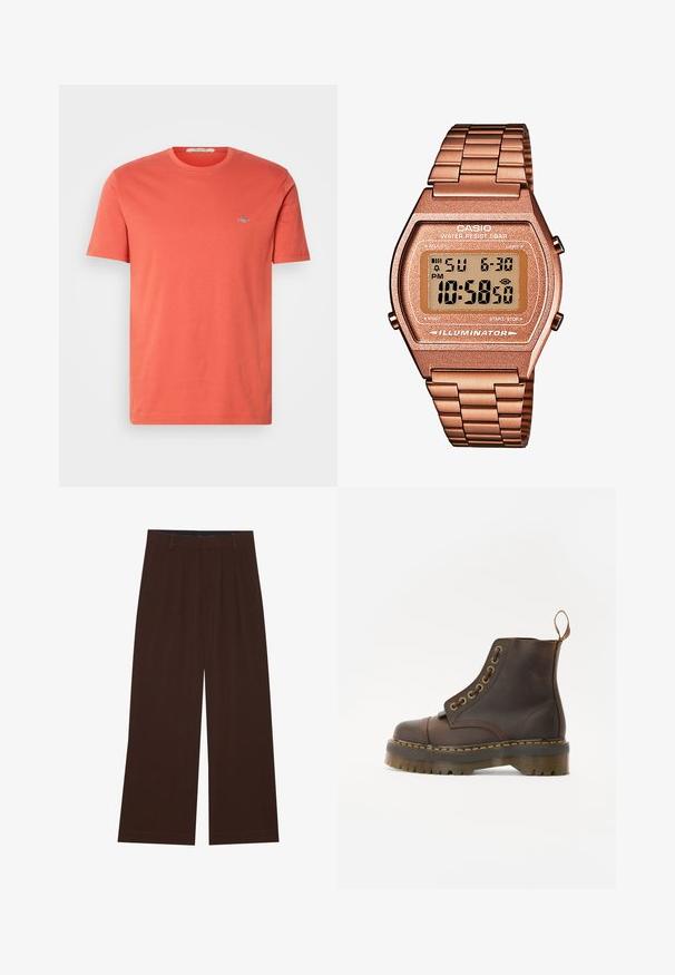 Brun fleece pullover med høj krave, halv lynlås foran og lange ærmer. Har et hvidt logo på brystet. Blødt, tekstureret stof.; Kortærmet t-shirt i koralfarvet bomuld med rund halsudskæring og et lille broderet logo på brystet. Glat tekstur og almindelig pasform.; Brune bredbenede bukser med plisseringer. Lavet af et glat stof, der har en skræddersyet talje og sidelommer. Flad kant nederst.; Brun læder ankelstøvle med rund tå, kontrasterende gul syning, dekorative metaløjer og en ribbet gummisål.; Digital Casio ur med et roseguld metalarmbånd, rektangulær kasse, oplyst skærm og vandtæthed, som viser tid og dato.