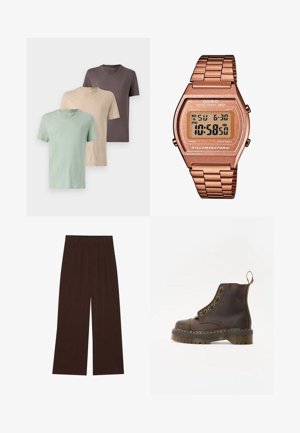 Hnedý fleecový pulóver s vysokým golierom, predným polozipsom a dlhými rukávmi. Na hrudi sa nachádza biely logotyp. Mäkka, textúrovaná látka.; Tričko s výstrihom v tvare V v tlmených farbách: zelená, béžová a hnedá. Krátke rukávy, mäkká tkanina a malé logo na hrudi každého trička.; Hnedé nohavice s širokými nohavicami a plisovaním. Vyrobené z hladkej látky, s upraveným pásom a bočnými vreckami. Rovný lem na spodnej časti.; Hnedé kožené členkové topánky s okrúhlym špicom, kontrastným žltým prešívaním, dekoračnými kovovými očkami a drážkovanou gumovou podrážkou.; Digitálne hodinky Casio s kovovým remienkom v ružovom zlate, obdĺžnikovým puzdrom, osvetleným displejom a vodoodolnosťou, zobrazuje čas a dátum.