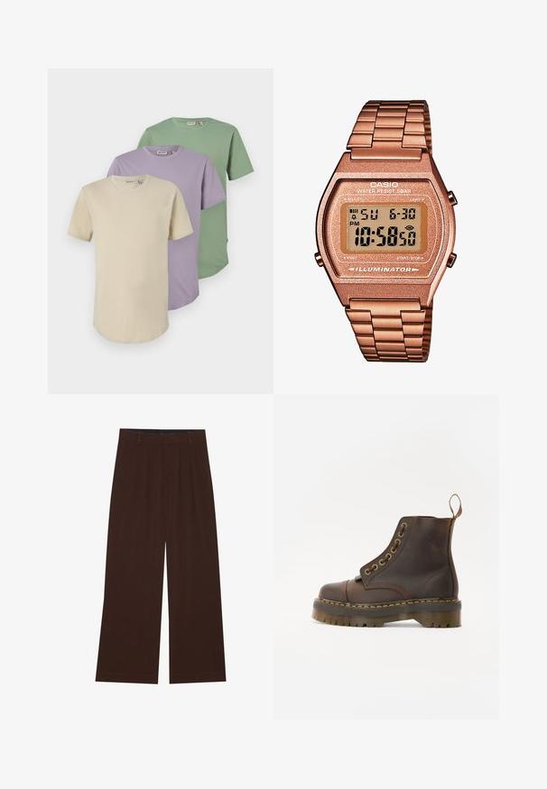 Brun fleece pullover med høj krave, halv lynlås foran og lange ærmer. Har et hvidt logo på brystet. Blødt, tekstureret stof.; Tre kortærmede T-shirts i creme, lavendel og grøn. Lavet af blødt bomuld, med runde halsudskæringer og en afslappet pasform.; Brune bredbenede bukser med plisseringer. Lavet af et glat stof, der har en skræddersyet talje og sidelommer. Flad kant nederst.; Brun læder ankelstøvle med rund tå, kontrasterende gul syning, dekorative metaløjer og en ribbet gummisål.; Digital Casio ur med et roseguld metalarmbånd, rektangulær kasse, oplyst skærm og vandtæthed, som viser tid og dato.