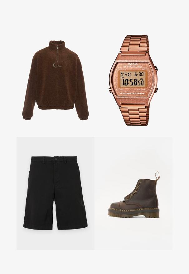 Ruskea fleece-pulloviita, jossa on korkea kaulus, puolivälin vetoketju ja pitkät hihat. Rinnassa on valkoinen logo. Pehmeä, tekstuuriainen kangas.; Mustat puuvillahousut, joissa on litteä etuosa, nappikiinnitys ja sivutaskut. Ei näkyviä kuvioita tai yksityiskohtia.; Ruske nahkasaapad ankliaukolla, pyöreällä kärjellä, kontrastivärisin keltaisin tikkausin, koristeellisin metallisilmukoita ja uritetulla kumipohjalla.; Digitaalinen Casio-kello, jossa on ruusukultainen metalliranneke, suorakaiteen muotoinen kuori, valaistu näyttö ja vedenkestävyys, näyttää ajan ja päivämäärän.