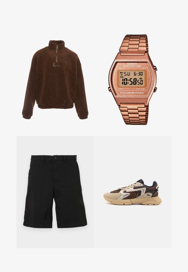 Ruskea fleece-pulloviita, jossa on korkea kaulus, puolivälin vetoketju ja pitkät hihat. Rinnassa on valkoinen logo. Pehmeä, tekstuuriainen kangas.; Mustat puuvillahousut, joissa on litteä etuosa, nappikiinnitys ja sivutaskut. Ei näkyviä kuvioita tai yksityiskohtia.; Beige ja pruun tennised tekstuursete võrgupaneelidega, sametised aktsendid ja kummist talla. Omab nöörimise disaini ja bränditud detaile.; Digitaalinen Casio-kello, jossa on ruusukultainen metalliranneke, suorakaiteen muotoinen kuori, valaistu näyttö ja vedenkestävyys, näyttää ajan ja päivämäärän.