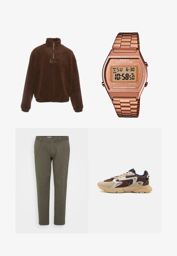 Brązowy polarowy pulower z wysokim kołnierzem, przednim suwakiem do połowy oraz długimi rękawami. Posiada białe logo na piersi. Miękka, teksturowana tkanina.; Spodnie w oliwkowym kolorze wykonane z mieszanki bawełny. Prosty krój nogawek, z płaskim przodem, zapięciem na guzik i szlufkami na pasek. Gładka faktura.; Beżowe i brązowe sneakersy z teksturowanymi panelami z siateczki, zamszowymi akcentami i gumową podeszwą. Posiadają sznurowane zapięcie oraz detale marki.; Cyfrowy zegarek Casio z różowo-złotą metalową bransoletą, prostokątną kopertą, podświetlanym wyświetlaczem i wodoodpornością, pokazujący czas i datę.