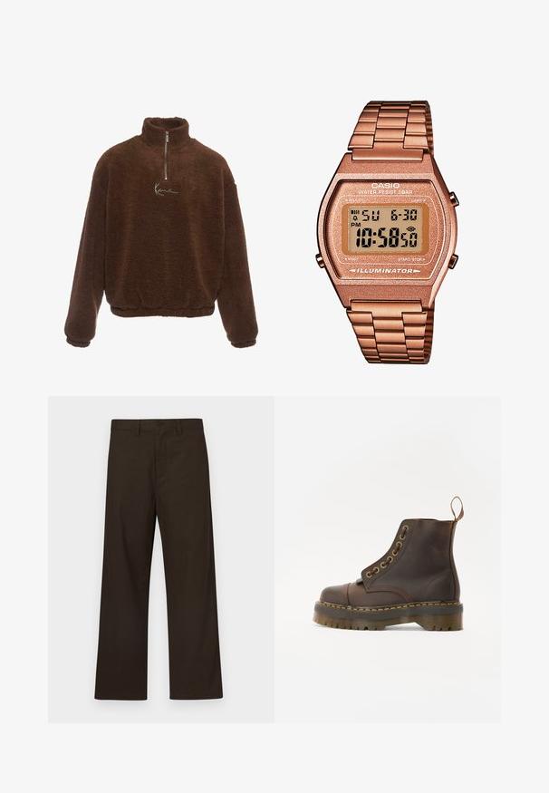 Brown fleece pullover with a high collar, half-zip front, and long sleeves. Features a white logo on the chest. Soft, textured fabric.; Brown wide-leg pants made of cotton blend, featuring a front button closure and minimal detailing for a simple design.; Brown leather ankle boot with a round toe, contrasting yellow stitching, decorative metal eyelets, and a grooved rubber sole.; Digital Casio watch with a rose gold metal band, rectangular case, illuminated display, and water resistance, showing time and date.