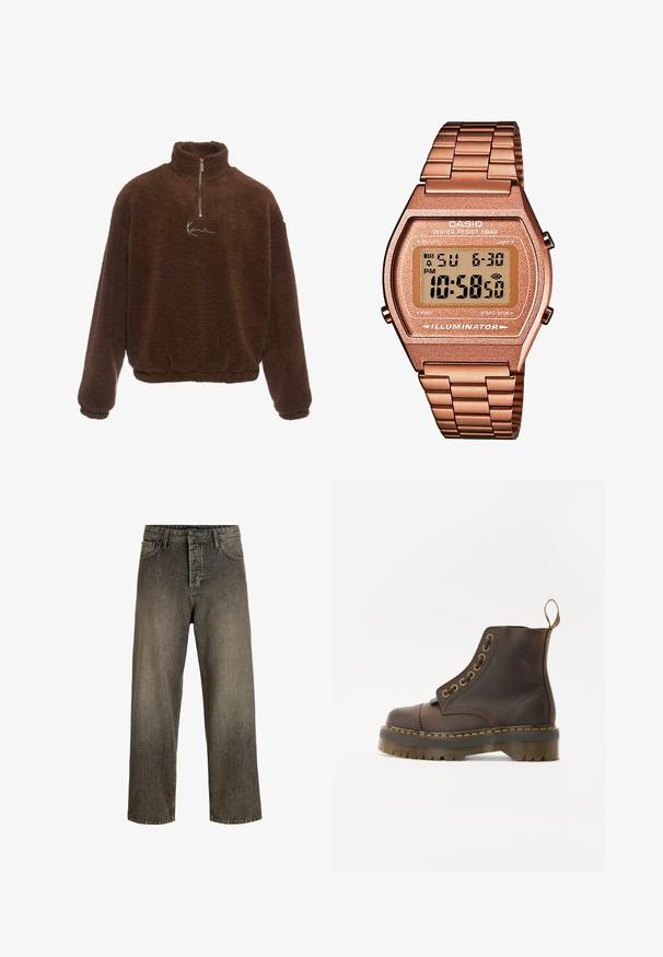 Brązowy polarowy pulower z wysokim kołnierzem, przednim suwakiem do połowy oraz długimi rękawami. Posiada białe logo na piersi. Miękka, teksturowana tkanina.; Ciemnoszare dżinsy typu wide-leg z wyblakłym wykończeniem, pięcioma kieszeniami, zapięciem na guziki i wrębami na pasek. Wykonane z trwałego materiału dżinsowego.; Brązowy skórzany botek do kostki z okrągłym noskiem, kontrastującym żółtym przeszyciem, dekoracyjnymi metalowymi oczkami i żłobioną gumową podeszwą.; Cyfrowy zegarek Casio z różowo-złotą metalową bransoletą, prostokątną kopertą, podświetlanym wyświetlaczem i wodoodpornością, pokazujący czas i datę.