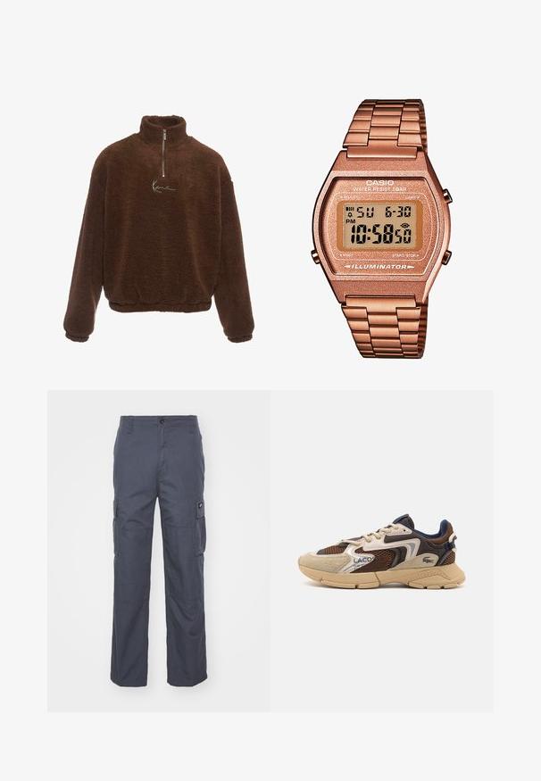 Pruun fliispusa kõrge kraega, pool tõmblukk ees ja pikad varrukad. Rinnal on valge logo. Pehme, tekstuuriga kangas.; Tumed hallid cargosärk, millel on laiad sääred, mitu külge taskut ja nööp kinnitamiseks vööl. Sile tekstuur ja tugev disain.; Beige ja pruun tenniset, millel on tekstuuriga võrgupaneelid, sametised aktsendid ja kummist tald. Omab nöörimise disaini ja bränditud detaile.; Digi Casio kell, roosakullast metallist rihmaga, ristkülikukujuline korpus, valgustatud kuva ja veekindel, näitab kellaaega ja kuupäeva.