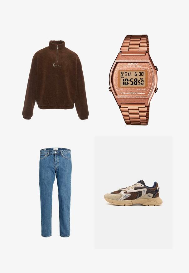 Ruskea fleece-pulloviita, jossa on korkea kaulus, puolivälin vetoketju ja pitkät hihat. Rinnassa on valkoinen logo. Pehmeä, tekstuuriainen kangas.; Vaaleansiniset farkut suoranlahkeisella leikkauksella, joissa on etutaskut ja kontrastitikkaukset. Vyötärö on varustettu napituksella.; Beige ja pruun tennised tekstuursete võrgupaneelidega, sametised aktsendid ja kummist talla. Omab nöörimise disaini ja bränditud detaile.; Digitaalinen Casio-kello, jossa on ruusukultainen metalliranneke, suorakaiteen muotoinen kuori, valaistu näyttö ja vedenkestävyys, näyttää ajan ja päivämäärän.