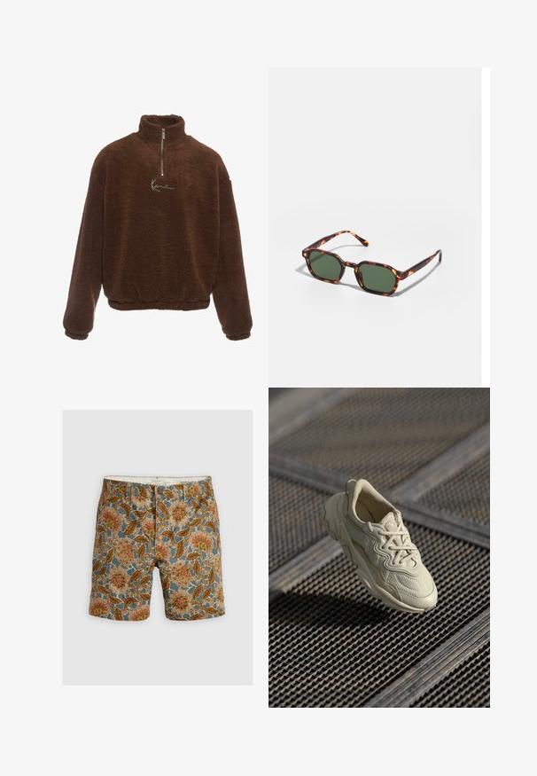 Pullover in pile marrone con colletto alto, zip frontale a metà e maniche lunghe. Presenta un logo bianco sul petto. Tessuto morbido e testurizzato.; Pantaloni corti a fantasia con sfondo blu e motivi floreali in marrone, arancione e crema. Realizzati in cotone con chiusura a bottone.; Sneaker beige con tessuto texturizzato, accenti lisci a contrasto, suola arrotondata e lacci, sospeso sopra una superficie a griglia.; Occhiali da sole tartarugati con lenti verdi, dotati di una forma ottagonale e bracci sottili e curvi. Il materiale ha una finitura lucida.