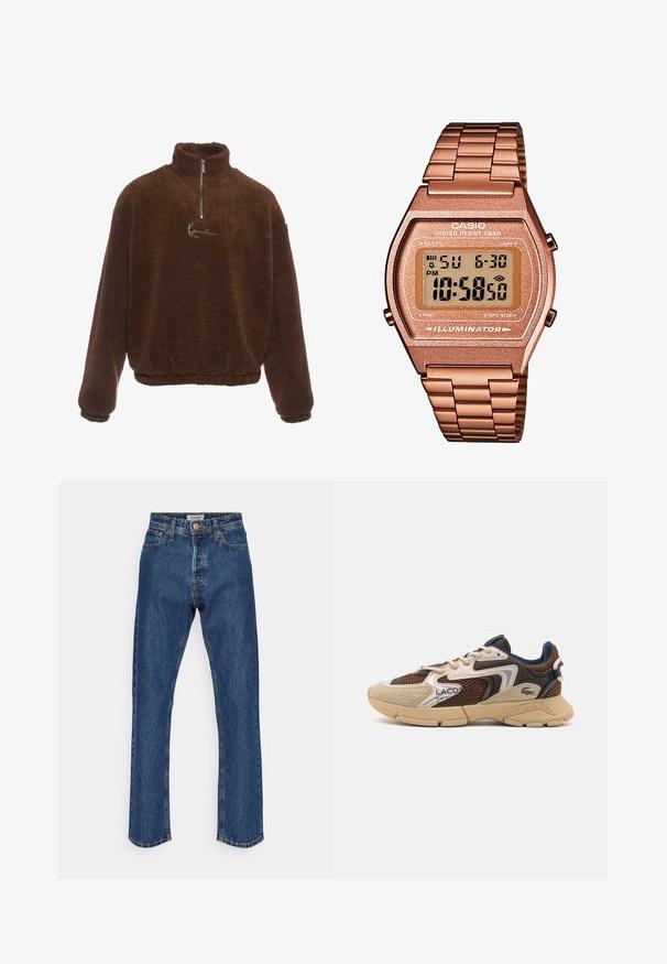 Pulover din fleece maro cu guler înalt, fermoar pe jumătate în față și maneci lungi. Prezintă un logo alb pe piept. Material moale, texturat.; Jeans din denim de culoare albastru închis cu talie înaltă și picior drept. Au un sistem de închidere cu nasture, cinci buzunare și cusături în contrast.; Sneaker bej și maro cu panouri din plasă texturată, accente din suede și o talpă din cauciuc. Prezintă un design cu șireturi și detalii de brand.; Ceas digital Casio cu brățară din metal roz auriu, carcasă rectangulară, display iluminat și rezistență la apă, afişând ora și data.