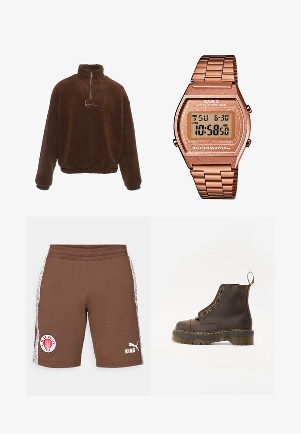 Rudas pliušinis megztinis su aukštu apykakle, pusiau užtraukiama priekyje, ir ilgomis rankovėmis. Krūtinėje yra baltas logotipas. Minkšta, tekstūruota medžiaga.; Rudi sportiniai šortai, pagaminti iš medvilnės, su elastine juosta, šoninėmis juostelėmis su raštais ir baltais logotipais: FC St. Pauli ir Puma.; Rudos odinės kulkšninių batus su apvalia nosimi, kontrastinga geltona siūle, dekoratyviniais metaliniais akių skyreliais ir grioveliuota guma pagrindu.; Skaitmeninis Casio laikrodis su rožinės aukso metaline juosta, stačiakampiu korpusu, apšviečiamu ekranu ir atsparumu vandeniui, rodomas laikas ir data.