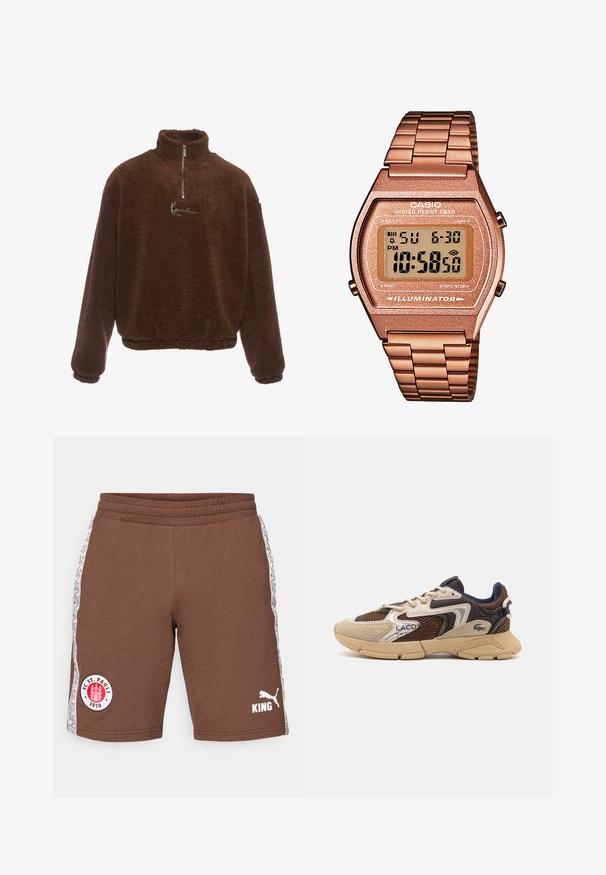 Hnědý fleecový pulovr s vysokým límcem, s polo zipem vpředu a dlouhými rukávy. Má bílé logo na hrudi. Měkká, strukturovaná tkanina.; Hnědé sportovní šortky vyrobené z bavlny, s elastickým pasem, bočními pruhy s vzory a logy: FC St. Pauli a Puma v bílé barvě.; Béžové a hnědé tenisky s texturovanými síťovinovými panely, akcenty z semiše a gumovou podrážkou. Mají šněrovací design a značkové detaily.; Digitální hodinky Casio s kovovým řemínkem v růžovém zlatě, obdélníkovým pouzdrem, podsvíceným displejem a vodotěsností, zobrazující čas a datum.