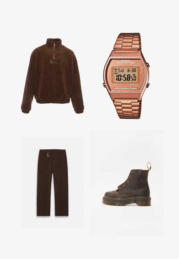 Brauner Fleece-Pullover mit hohem Kragen, halbem Reißverschluss vorne und langen Ärmeln. Mit einem weißen Logo auf der Brust. Weicher, strukturiertes Gewebe.; Braune, weit geschnittene Hosen aus glattem Stoff mit einem Reißverschluss und einem Karabinerclip als auffälligem Akzent, ausgestattet mit zwei Seitentaschen.; Braune Leder-Ankleboots mit runder Spitze, kontrastierenden gelben Nähten, dekorativen Metallösen und rutschfester Gummisohle.; Digitaluhr von Casio mit einem roségoldenen Metallarmband, rechteckigem Gehäuse, beleuchtetem Display und Wasserfestigkeit, zeigt Uhrzeit und Datum an.