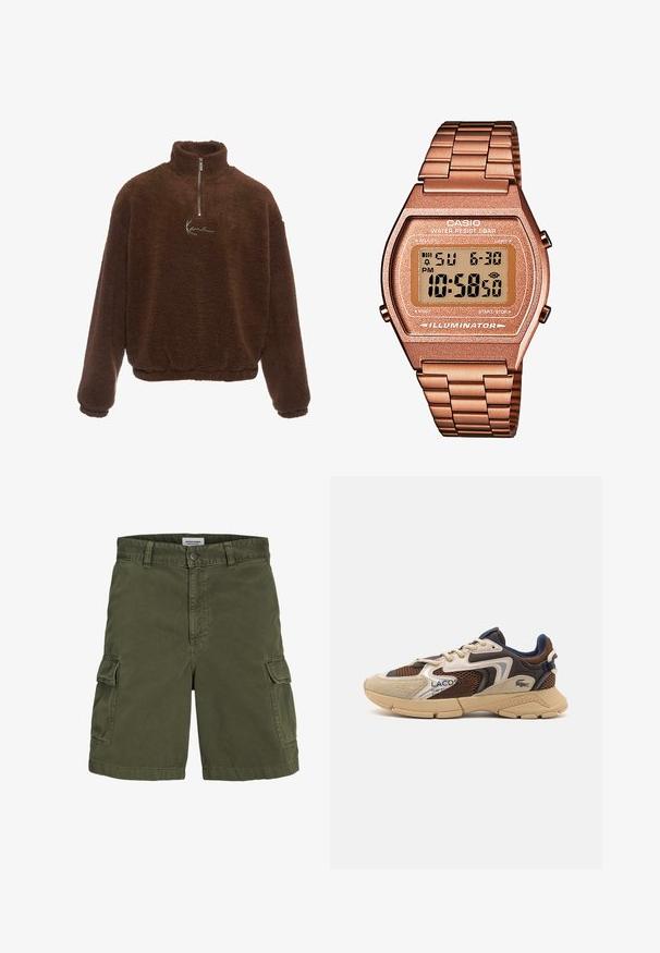 Brun fleecetröja med hög krage, halvdragkedja framtill och långa ärmar. Har en vit logotyp på bröstet. Mjukt, texturerat tyg.; Olivgröna cargoshorts i bomull, med dragkedja, bältesöglor, sidfickor och rak passform.; Beige och bruna sneakers med texturerade meshpaneler, mockadetaljer och gummisulor. Har snörningsdesign och varumärkesdetaljer.; Digital Casio-klocka med armband i roséguld, rektangulärt hölje, belyst display och vattentålighet, som visar tid och datum.