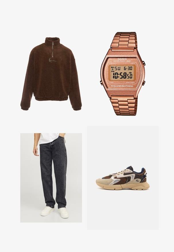 Brūns vilnas džemperis ar augstu apkakli, ar pusceļa rāvējslēdzēju un garām piedurknēm. Uz krūšu ir balts logos. Mīksta, teksturēta audums.; Jack & Jones JJIEDDIE JJORIGINAL - Plati džinsi - black denim; Beige un brūni sneakeri ar teksturētām režģu paneļiem, zamšādas akcentiem un gumijas zoli. Iezīmes auklu dizains un zīmola detaļas.; Digitālais Casio pulkstenis ar rozā zelta metāla siksniņu, taisnstūra korpusu, apgaismotu displeju un ūdensizturību, kas attēlo laiku un datumu.